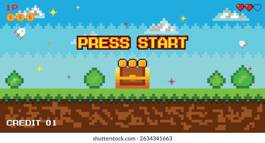 press start, players. pixel game background, natural landscape with blue sky, trees and green grass. Pixelated 8 bit video-game. Arcade interface with golden cup and stars. Computer game victory.