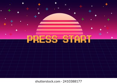 PRESIONE START.pixel art .8 bit game. juego retro. para activos de juego en ilustraciones vectoriales. Fondo de Ciencia Ficción Retro Futuro. red de neón brillante y estrella de juegos de computadora de arcade vintage