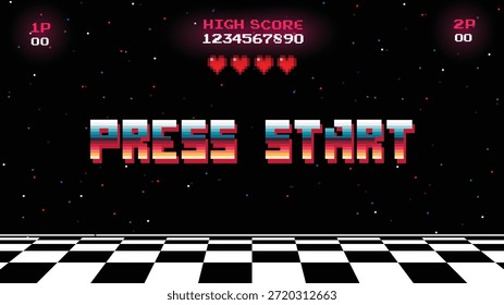 PRESS START.pixel art .8 bit game.retro game. 
