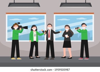 Press vector concept. News reporter and cameraman interviewing businessman in the office while wearing face mask
