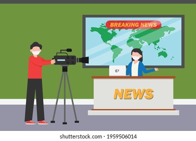 Press vector concept. TV News presenter live in studio while wearing face mask
