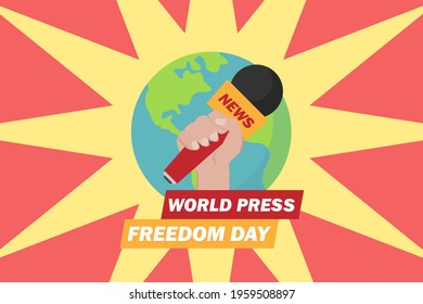 Press vector concept. World press freedom day text with hand holding microphone