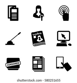 press vector icons. Set of 9 press filled icons such as pointer on display, finger on display, news, magazine, woman speaker, touchscreen, arm lever, censored