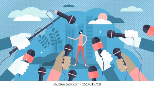 Press vector illustration. Flat tiny journalist interview persons concept. Media report for newspaper or television broadcast. Breaking news headline with event reportage, cameras and microphones.