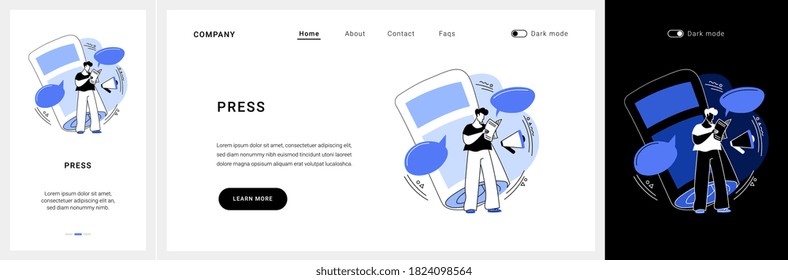 Press website UI kit. Press about us, articles and publications, company mentions, website menu bar element, UI, corporate news, landing page, interface landing and mobile app vector UI template.