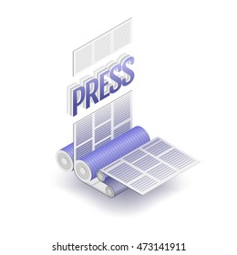 The press word and part of printing press. Polygraphic process, vector illustration.