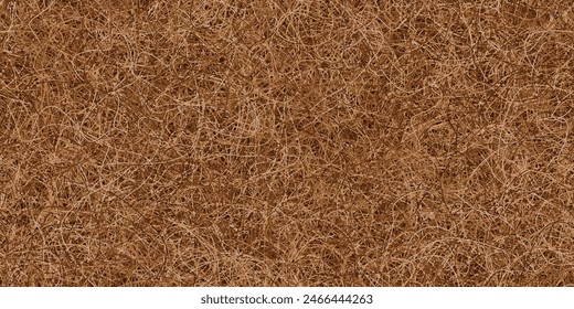 Pressed coconut fiber in the form of a seamless texture on the surface of a mattress or slab. Top view of tangled pattern of brown threads. Natural hypoallergenic material for household items