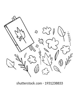 Pressed dried flower, plant, Herbarium album doodle style. Collection of dried flowers, leaves, herbs and twigs. Pressed floral memories outline vector. School herbarium botanical illustration