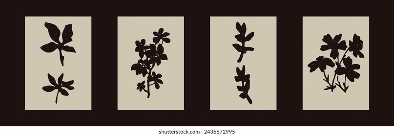 Pressed floral folkart vector motif set. Collection of stylized organic block print wildflower shape with woodcut paper texture effect. 