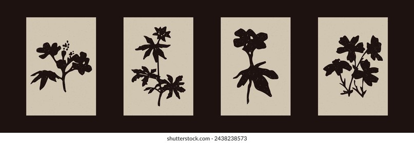 Pressed floral folkart vector motif set. Collection of stylized organic block print wildflower shape with woodcut paper texture effect. 