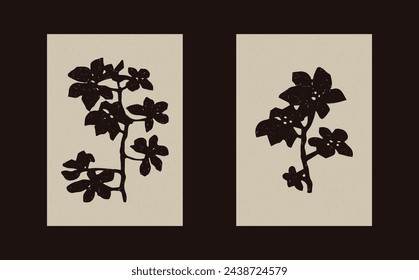 Pressed floral folkart vector motif set. Collection of stylized organic block print wildflower shape with woodcut paper texture effect. 