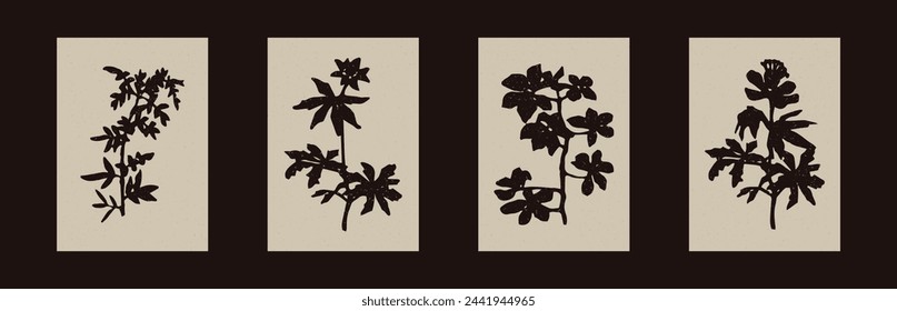 Pressed floral folkart vector motif set. Collection of stylized organic block print wildflower shape with woodcut paper texture effect. 