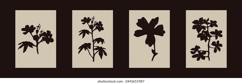 Pressed floral folkart vector motif set. Collection of stylized organic block print wildflower shape with woodcut paper texture effect. 