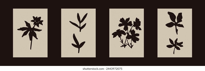 Pressed floral folkart vector motif set. Collection of stylized organic block print wildflower shape with woodcut paper texture effect. 