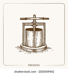 Pressing apples to make cider, hydraulic press Vintage sketch garden background. Hand drawn design. Vector illustration. 