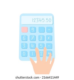 Hand’s pressing calculator key numbers vector, flat design of minimal calculator vector, isolated calculator vector on white background, account and finance tools vector, financial business tools.