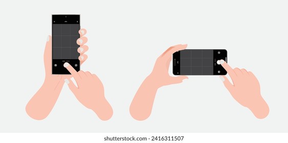 Pressing camera button and taking a photo with a smartphone. Finger touch screen taking photo with smart phone. Person taking a photograph and recording video with a mobile phone camera. Vector.