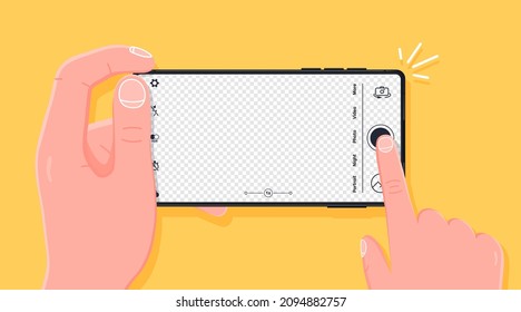 Pressing camera button, transparent background for photo. Taking photo with smartphone. Person taking a photograph with a smart phone camera from a first-person perspective.