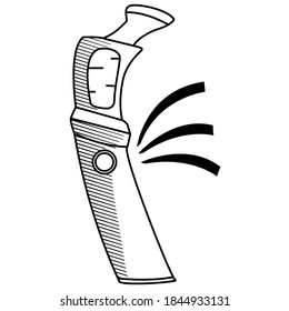 Pulsando el botón del evaporador. Forma de forma de forma de forma de forma con estilo sobre un fondo blanco. Cigarrillo electrónico con caricatura lineal. Ilustración de stock, Para compras online, carteles, menú de aplicación, impresión.