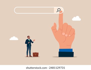 Pressing search icon on visual screen, concept of finding data online. Information search technology. Flat vector illustration