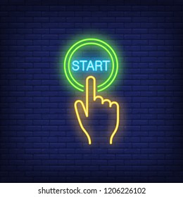Pressing start button neon sign. Glowing round button on dark blue brick background. Vector illustration for games, computer systems, technical equipment - Shutterstock ID 1206226102