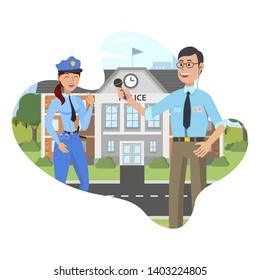 Pressman with Microphone Interviews Policeman. Police Building. Television Studies Report. White Background. Working Process. Microphone in Hand. Journalist in Center of Events. Vector Illustration.