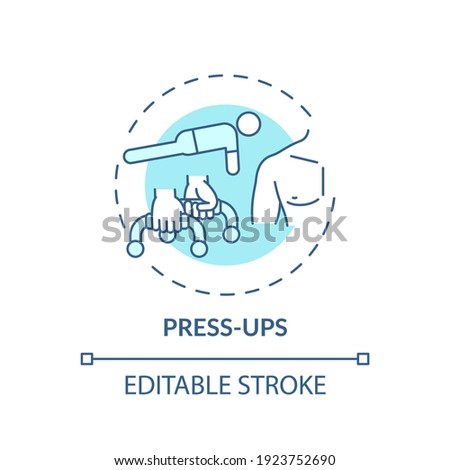 Press-ups concept icon. At-home workout session idea thin line illustration. Burning fat. Engaging abdominal muscles. Improving triceps. Vector isolated outline RGB color drawing. Editable stroke