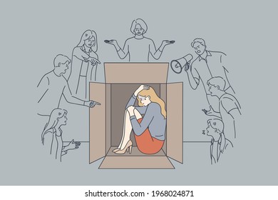 Pressure, bad emotions, desperate state concept. Unhappy stressed scared businesswoman sitting hiding inside box with negative human emotions feeling pressure and negative attitude from people