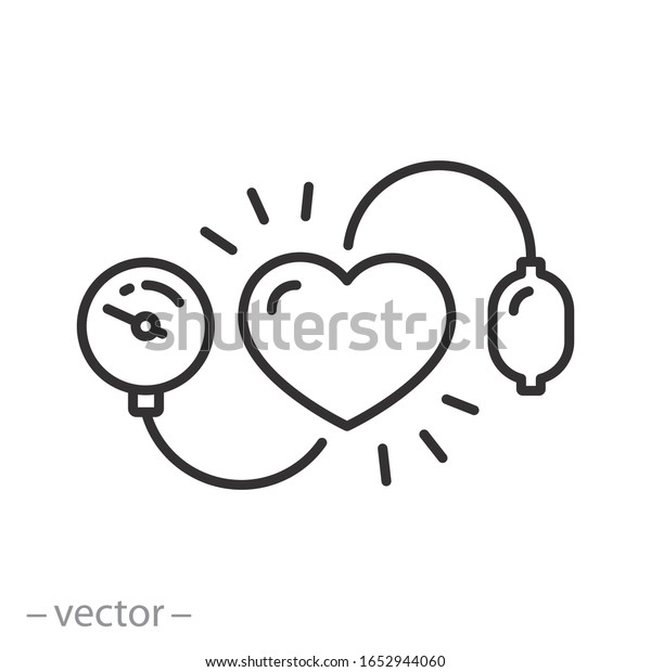 pressure blood high or low icon, cardio vascular\
dystonia, measurement arterial pressure, medical tool, thin line\
web symbol on white background - editable stroke vector\
illustration eps10