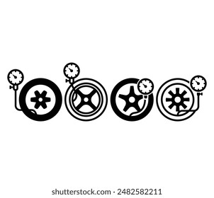 pressure car wheel tire icon symbol sign vector design black white color illustration collection set