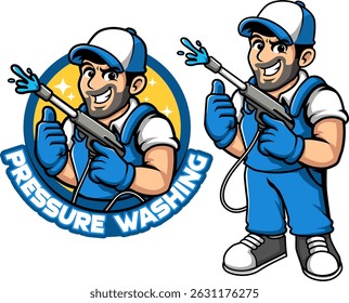 Conjunto de caracteres do mascote de limpeza de pressão