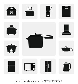 Pressure cooker flat web icon. High pressure cooking pot sign silhouette. Multicooker solid black icon vector design. Pressure cooker cartoon clipart. Kitchen appliances concept icon set