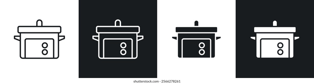 Pressure cooker icons collection in black filled and line style.