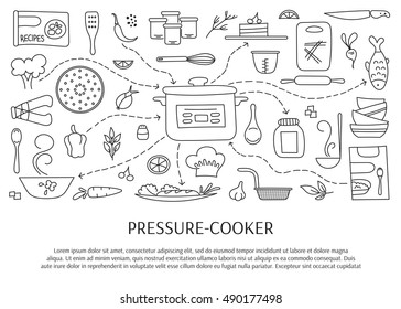 Pressure cookers and accessories. Hand drawn elements. Vector horizontal banner template. Doodle background. For banners and posters, cards, brochures, souvenirs, invitations, website designs.