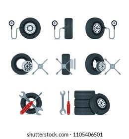 Pressure diagnostic and replacement wheels tools. Automobile tires, discs, screwdriver, wrench, cross key vector icons set. Car service design elements.
