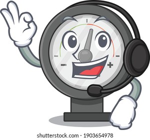 Pressure gauge caricature character concept wearing headphone