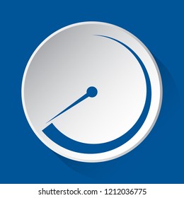 pressure gauge, dial, barometer symbol - simple blue icon on white button with shadow in front of blue square background