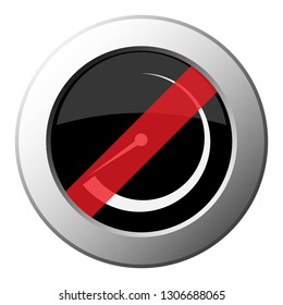 pressure gauge, dial, barometer symbol - ban round metallic push button, white icon on black and diagonal red stripe