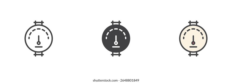 Pressure gauge icon set showing dial meter symbol. Line, solid and filled outline colorful vector icon. Represents oil, gas or industrial pressure control devices.