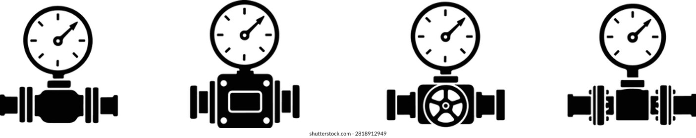 Pressure Gauge Icon Set Vector with Valve and Pipeline Symbols