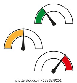 Medidor de presión, conceptos de nivel. Velocímetros de color con flechas. Ilustración vectorial. EPS 10.