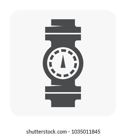 Pressure gauge or manometer icon. Also called pressure meter or vacuum gauge. Device is a pressure measurement used to measure and display pressure. Include flange fitting for connection with pipeline