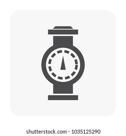 Pressure gauge or manometer icon. Also called pressure meter or vacuum gauge. Device is a pressure measurement used to measure and display pressure. Include flange fitting for connection with pipeline