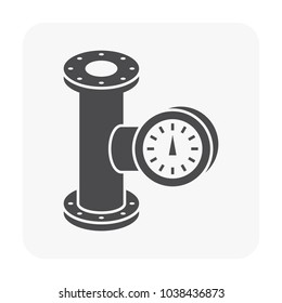 Pressure gauge or manometer icon. Also called pressure meter or vacuum gauge. Device is a pressure measurement used to measure and display pressure. Include flange fitting for connection with pipeline