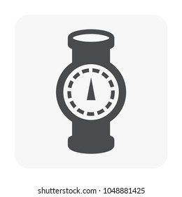 Pressure gauge or manometer icon. Also called pressure meter or vacuum gauge. Device is a pressure measurement used to measure and display pressure. Include flange fitting for connection with pipeline