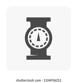 Pressure gauge or manometer icon. Also called pressure meter or vacuum gauge. Device is a pressure measurement used to measure and display pressure. Include flange fitting for connection with pipeline
