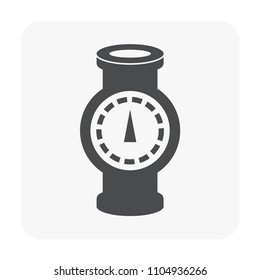 Pressure gauge or manometer icon. Also called pressure meter or vacuum gauge. Device is a pressure measurement used to measure and display pressure. Include flange fitting for connection with pipeline