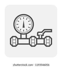 Pressure gauge or manometer icon. Also called pressure meter or vacuum gauge. Device is a pressure measurement used to measure and display pressure. Including with air valve and pipe. Vector icon.