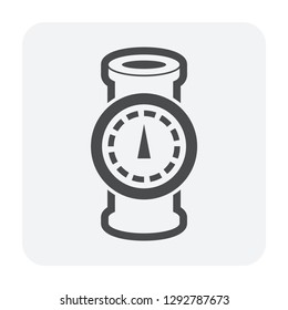Pressure gauge or manometer icon. Also called pressure meter or vacuum gauge. Device is a pressure measurement used to measure and display pressure. Include flange fitting for connection with pipeline