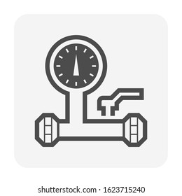 Pressure gauge or manometer icon. Also called pressure meter or vacuum gauge. Device is a pressure measurement used to measure and display pressure. Including with air valve and pipe. Vector icon.